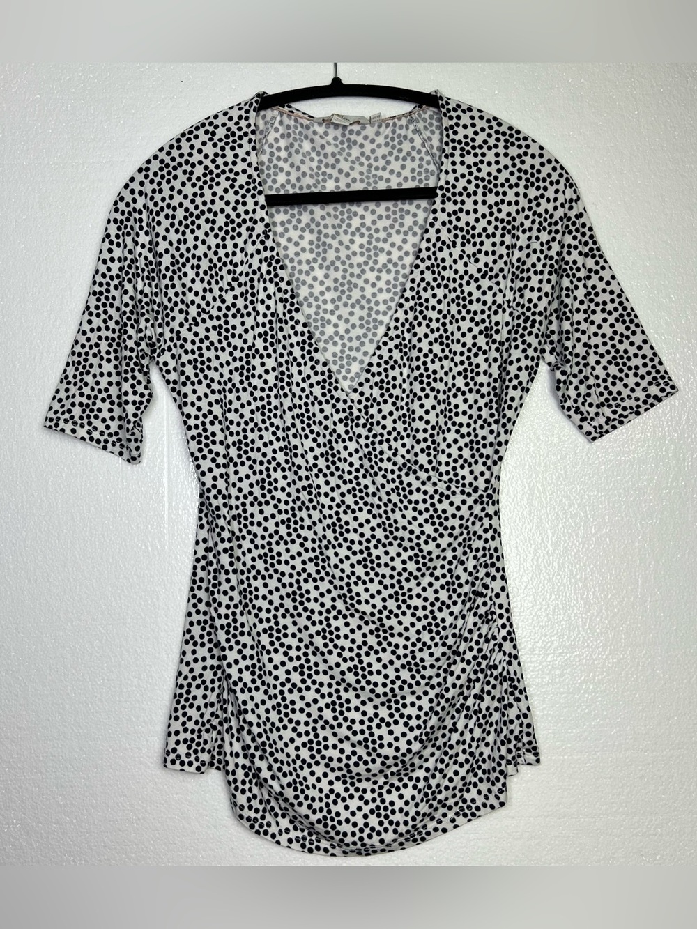 Boden white black polka-dot short-sleeve mock-wrap top size 8
